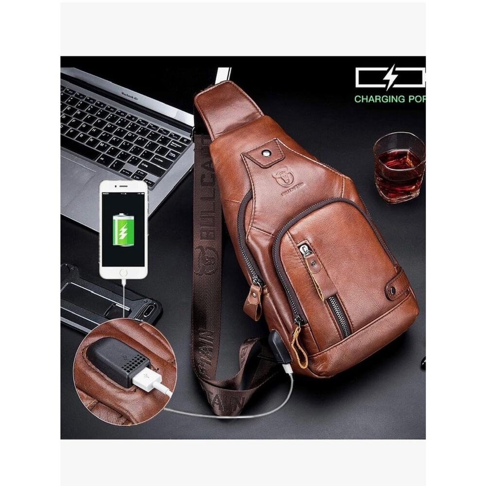 Bull Captain Leather Chest Bag w/ Nylon Strap Crossbody w/ USB Charging Port NWT - Picture 8 of 8